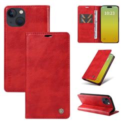 YIKATU Litchi Card Magnetic Automatic Suction Leather Flip Cover for iPhone 15 Plus (6.7 inch) - Bright Red