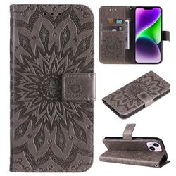 Embossing Sunflower Leather Wallet Case for iPhone 15 Plus (6.7 inch) - Gray