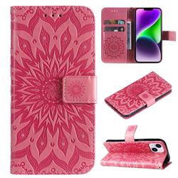 Embossing Sunflower Leather Wallet Case for iPhone 15 Plus (6.7 inch) - Pink