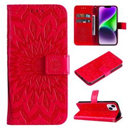 Embossing Sunflower Leather Wallet Case for iPhone 15 Plus (6.7 inch) - Red