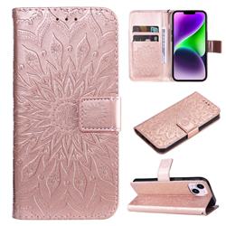 Embossing Sunflower Leather Wallet Case for iPhone 15 Plus (6.7 inch) - Rose Gold