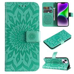 Embossing Sunflower Leather Wallet Case for iPhone 15 Plus (6.7 inch) - Green