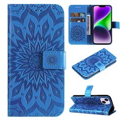 Embossing Sunflower Leather Wallet Case for iPhone 15 Plus (6.7 inch) - Blue
