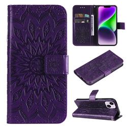Embossing Sunflower Leather Wallet Case for iPhone 15 Plus (6.7 inch) - Purple
