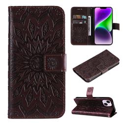 Embossing Sunflower Leather Wallet Case for iPhone 15 Plus (6.7 inch) - Brown