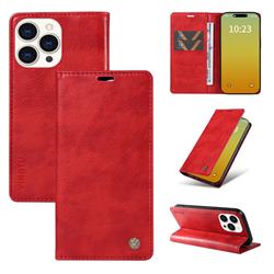 YIKATU Litchi Card Magnetic Automatic Suction Leather Flip Cover for iPhone 15 Pro (6.1 inch) - Bright Red