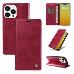 YIKATU Litchi Card Magnetic Automatic Suction Leather Flip Cover for iPhone 15 Pro (6.1 inch) - Wine Red