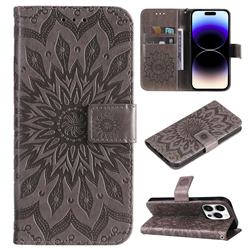 Embossing Sunflower Leather Wallet Case for iPhone 15 Pro (6.1 inch) - Gray