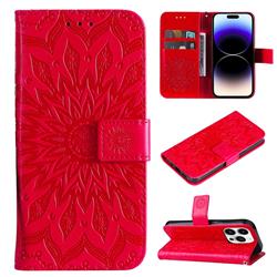 Embossing Sunflower Leather Wallet Case for iPhone 15 Pro (6.1 inch) - Red