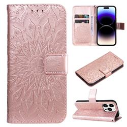 Embossing Sunflower Leather Wallet Case for iPhone 15 Pro (6.1 inch) - Rose Gold