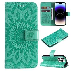 Embossing Sunflower Leather Wallet Case for iPhone 15 Pro (6.1 inch) - Green