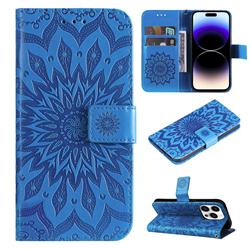 Embossing Sunflower Leather Wallet Case for iPhone 15 Pro (6.1 inch) - Blue