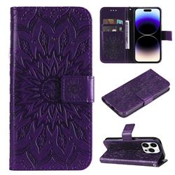 Embossing Sunflower Leather Wallet Case for iPhone 15 Pro (6.1 inch) - Purple