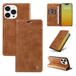 YIKATU Litchi Card Magnetic Automatic Suction Leather Flip Cover for iPhone 15 Pro Max (6.7 inch) - Brown
