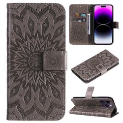Embossing Sunflower Leather Wallet Case for iPhone 15 Pro Max (6.7 inch) - Gray