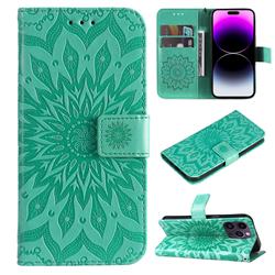 Embossing Sunflower Leather Wallet Case for iPhone 15 Pro Max (6.7 inch) - Green