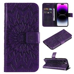 Embossing Sunflower Leather Wallet Case for iPhone 15 Pro Max (6.7 inch) - Purple