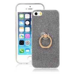Luxury Soft TPU Glitter Back Ring Cover with 360 Rotate Finger Holder Buckle for iPhone SE 5s 5 - Black