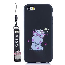 Black Flower Hippo Soft Kiss Candy Hand Strap Silicone Case for iPhone SE 5s 5