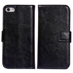 For Apple iPhone 5s / iPhone 5 Crazy Horse PU Leather Case with Built-in Stand and Card Slots - Black