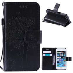Embossing Butterfly Tree Leather Wallet Case for iPhone SE 5s 5 - Black