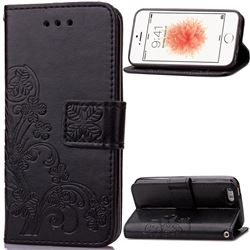 Embossing Imprint Four-Leaf Clover Leather Wallet Case for iPhone SE 5s 5 - Black