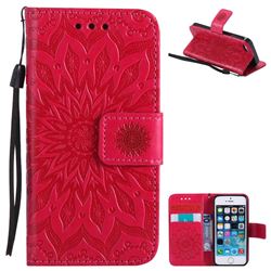 Embossing Sunflower Leather Wallet Case for iPhone SE 5s 5 - Red