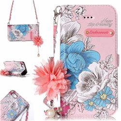 Pink Blue Rose Endeavour Florid Pearl Flower Pendant Metal Strap PU Leather Wallet Case for iPhone SE 5s 5