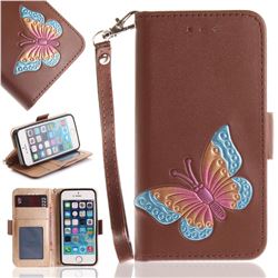 Imprint Embossing Butterfly Leather Wallet Case for iPhone SE 5s 5 - Brown