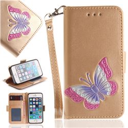 Imprint Embossing Butterfly Leather Wallet Case for iPhone SE 5s 5 - Golden