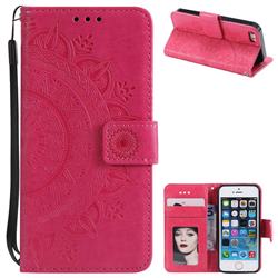 Intricate Embossing Datura Leather Wallet Case for iPhone SE 5s 5 - Rose Red