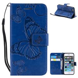 Embossing 3D Butterfly Leather Wallet Case for iPhone SE 5s 5 - Blue