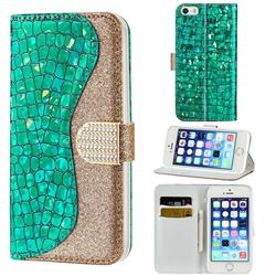 Glitter Diamond Buckle Laser Stitching Leather Wallet Phone Case for iPhone SE 5s 5 - Green
