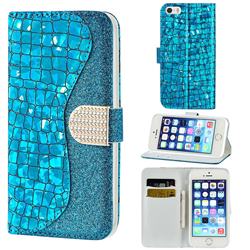 Glitter Diamond Buckle Laser Stitching Leather Wallet Phone Case for iPhone SE 5s 5 - Blue