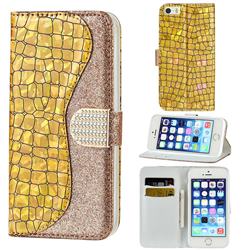 Glitter Diamond Buckle Laser Stitching Leather Wallet Phone Case for iPhone SE 5s 5 - Gold