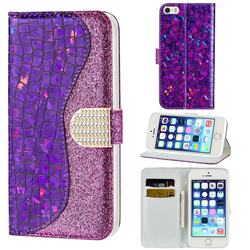 Glitter Diamond Buckle Laser Stitching Leather Wallet Phone Case for iPhone SE 5s 5 - Purple