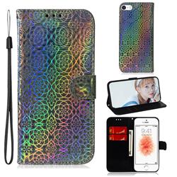 Laser Circle Shining Leather Wallet Phone Case for iPhone SE 5s 5 - Silver