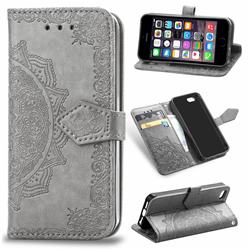 Embossing Imprint Mandala Flower Leather Wallet Case for iPhone SE 5s 5 - Gray