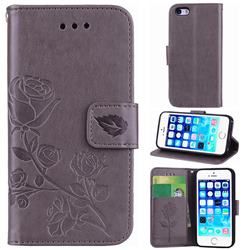 Embossing Rose Flower Leather Wallet Case for iPhone SE 5s 5 - Grey