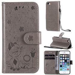 Embossing Bee and Cat Leather Wallet Case for iPhone SE 5s 5 - Gray