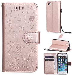 Embossing Bee and Cat Leather Wallet Case for iPhone SE 5s 5 - Rose Gold