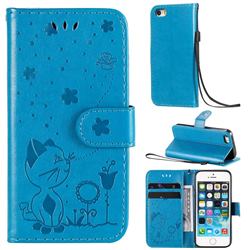 Embossing Bee and Cat Leather Wallet Case for iPhone SE 5s 5 - Blue