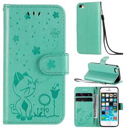 Embossing Bee and Cat Leather Wallet Case for iPhone SE 5s 5 - Green