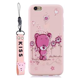 Pink Flower Bear Soft Kiss Candy Hand Strap Silicone Case for iPhone 6s 6 6G(4.7 inch)