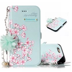 Cherry Blossoms Endeavour Florid Pearl Flower Pendant Metal Strap PU Leather Wallet Case for iPhone 6s 6 6G(4.7 inch)