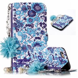 Blue-and-White Endeavour Florid Pearl Flower Pendant Metal Strap PU Leather Wallet Case for iPhone 6s 6 6G(4.7 inch)
