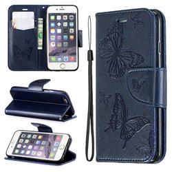 Embossing Double Butterfly Leather Wallet Case for iPhone 6s 6 6G(4.7 inch) - Dark Blue