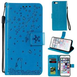 Embossing Cherry Blossom Cat Leather Wallet Case for iPhone 6s 6 6G(4.7 inch) - Blue