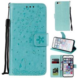 Embossing Cherry Blossom Cat Leather Wallet Case for iPhone 6s 6 6G(4.7 inch) - Green