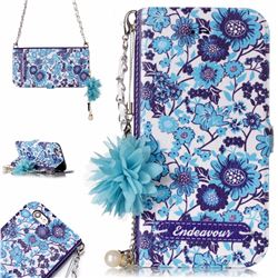 Blue-and-White Endeavour Florid Pearl Flower Pendant Metal Strap PU Leather Wallet Case for iPhone 6s Plus / 6 Plus 6P(5.5 inch)